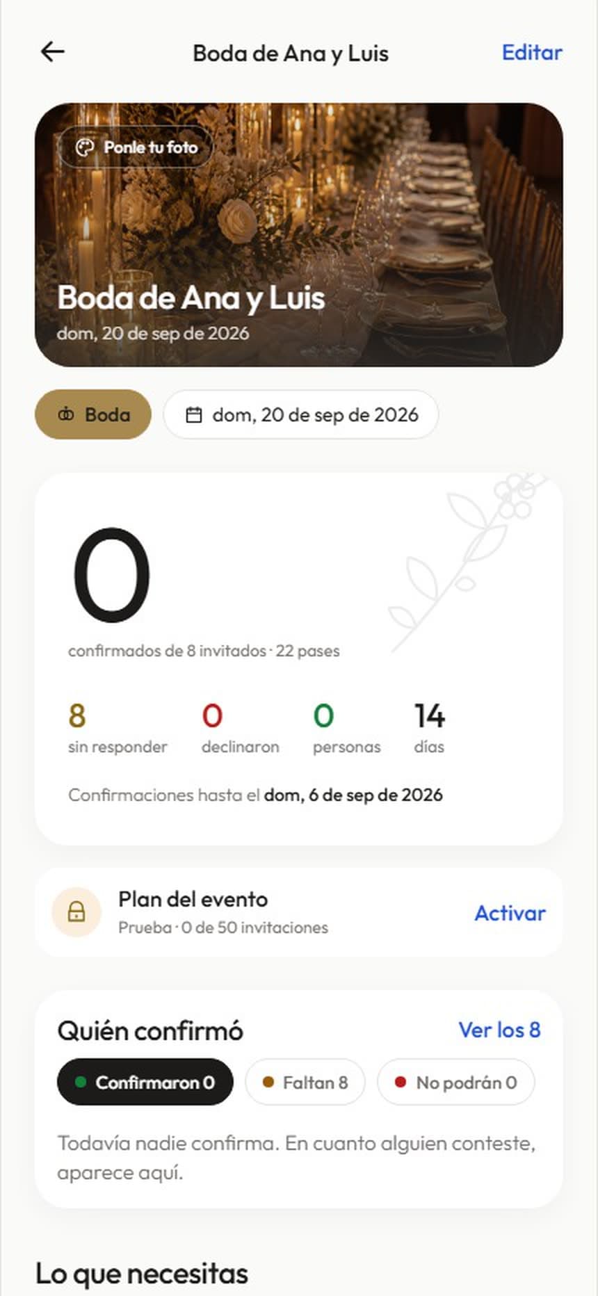 El panel de un evento en la app: confirmados, pendientes, mesas y modo puerta.