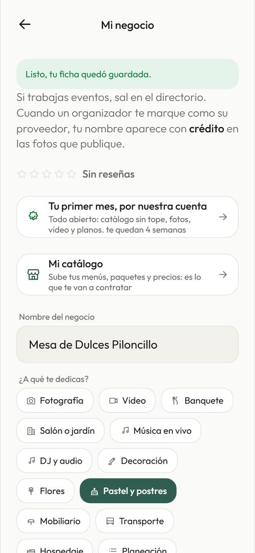 La pantalla Mi negocio, con la ficha y el mes de cortesía corriendo.